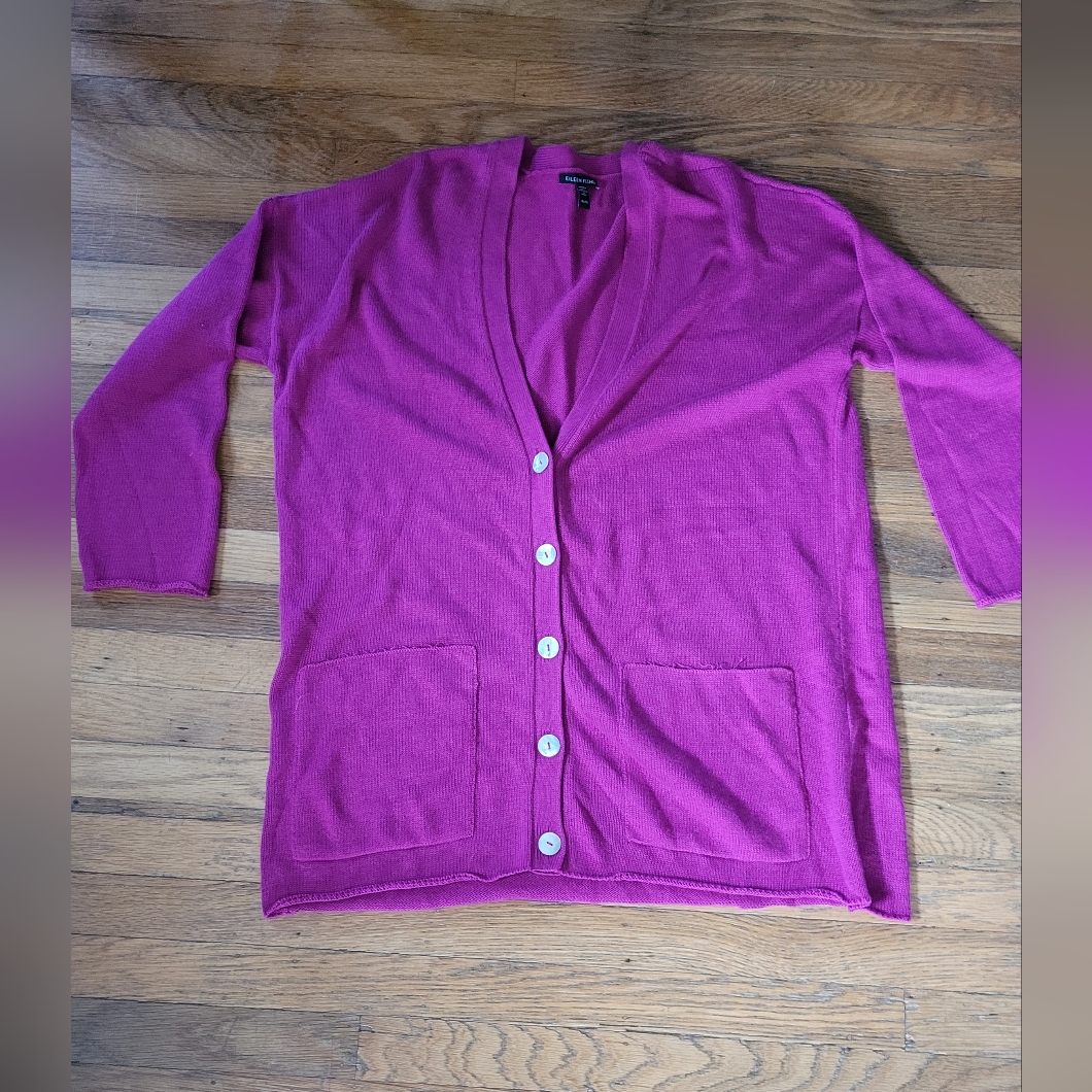 Eileen Fisher Cardigan Organic Cotton Blend V-Neck Sweater W/ Buttons Size Xl